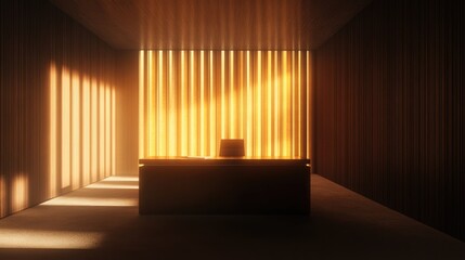 Fototapeta premium Minimalist Workspace Bathed in Warm Natural Light with a Sleek Desk and Vertical Wood Slats Creating a Calming Atmosphere