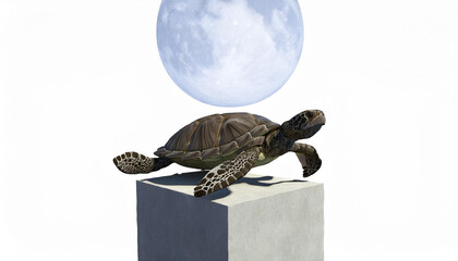 A sea turtle carries a full moon on its back.