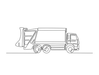 Continuous line drawing art of Garbage truck in the road. Waste truck in single line draw with active stroke.