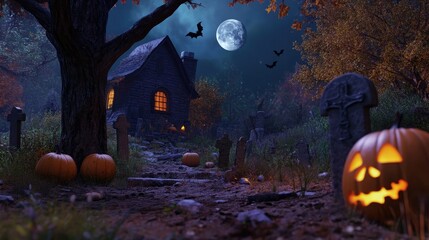 Fototapeta premium Halloween pumpkins with carved faces beside a tree in a graveyard, a spooky house illuminated by moonlight, bats soaring, and a full moon glowing above.