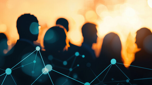 Silhouettes of business people in foreground with network connection theme, creating sense of collaboration and innovation in vibrant environment