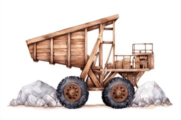 Obraz premium A vintage wooden dump truck positioned on rocky terrain, showcasing its unique design.