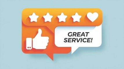 Illustration showcasing a five-star customer rating and 'Great Service' text on a speech bubble, emphasizing quality and satisfaction. Includes a thumbs-up symbol and heart icon reflecting positive fe