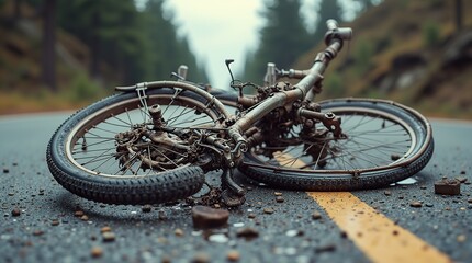 Damaged Bicycle on a Road After a Serious Accident