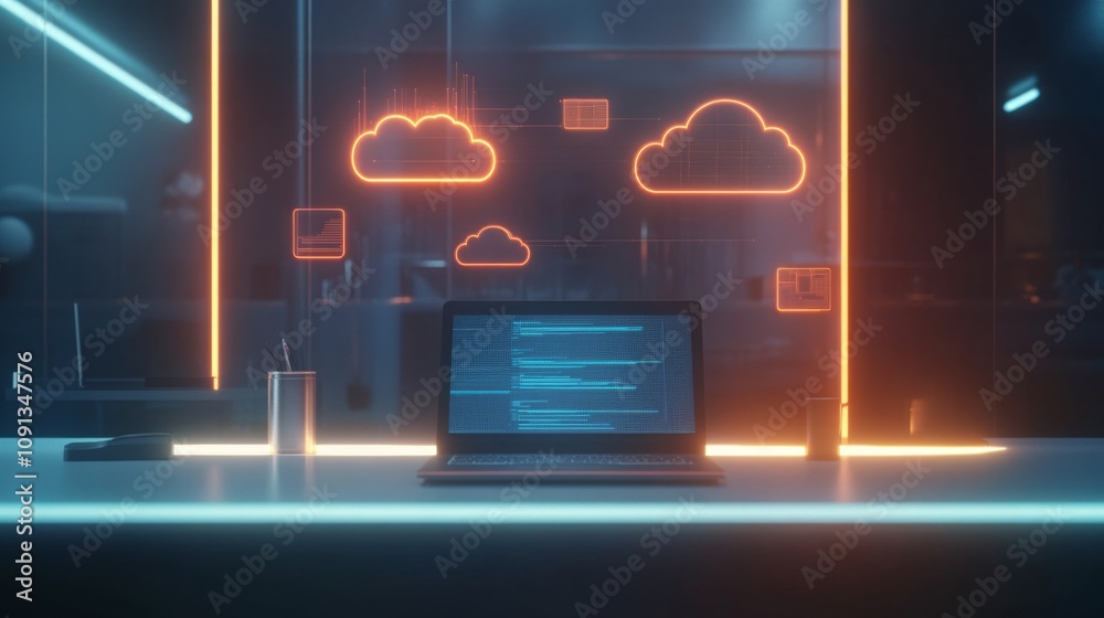 Poster A sleek workspace features a laptop displaying data against a vibrant backdrop of neon cloud graphics. The setting is illuminated with soft lighting, creating a tech-inspired atmosphere at night.