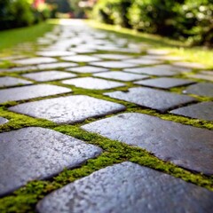 Rustic Pathway: A macro shot of a weathered stone pathway, showing the intricate textures of each stone in soft focus, with hints of greenery and small flowers blurred in the background