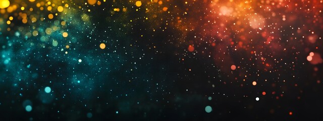 Fototapeta premium A black background with colorful lights, a bokeh effect, glowing light particles, and stars