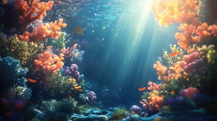 Fototapeta premium Vibrant coral reef scene with sunlight streaming through water, rich colors of corals and marine life, ideal for travel themes and text placement.