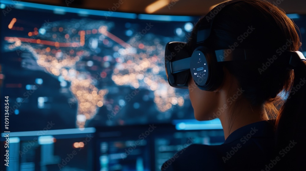 Aufkleber A woman sits in front of a large computer monitor displaying a blue digital map of the world with illuminated cities. She is wearing VR goggles and appears to be exploring the digital map.