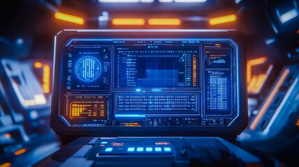 Futuristic control panel with glowing blue and orange displays in a high-tech environment. The image captures the essence of advanced technology and digital innovation in a sci-fi setting.