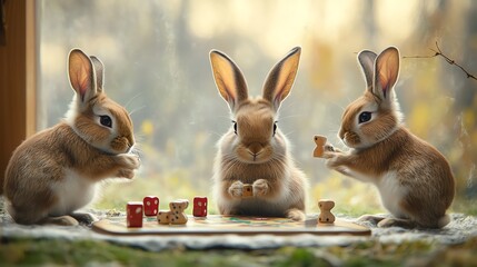 Obraz premium Three adorable rabbits enjoying a fun board game by the window, surrounded by nature's beauty.