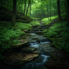 Obraz premium A serene forest scene featuring a gentle stream flowing through lush greenery.