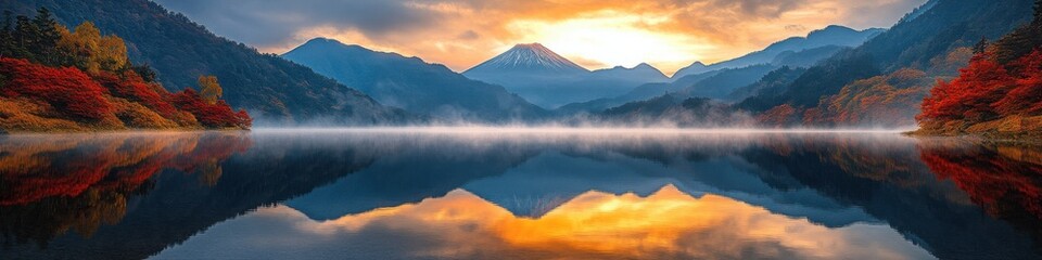 Mountain lake reflecting colorful sunrise skies and surrounded by autumn foliage, ideal for travel banners, scenic wallpapers, and nature illustrations

