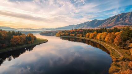 Obraz premium Serene Autumn River Reflection: Capture Nature's Beauty for Wall Art, Calming Scenes, and Landscape Photography