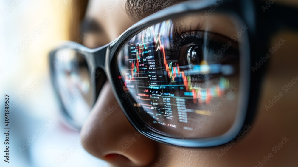 Aufkleber a close-up view shows the eye of an individual wearing glasses, reflecting colorful financial charts
