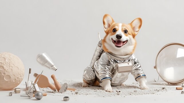Playful Corgi Dog in Astronaut Costume Surrounded by Space-Themed Props with Moon and Asteroids on a Light Background