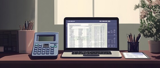 A workspace featuring a laptop, calculator, and tablet with documents, indicating productivity.