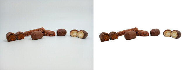 Chocolate bar, cocoa-glaze and sprinkles cookies, coconut-filled candies. Whole, cut candy. Half of treats. Easy to add text or logo. Cooking, Valentine's Day or Chocolate Day card, market catalog.