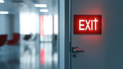 Open door with exit sign, symbolizing the freedom and opportunity to leave behind the past and embrace new beginnings, encouraging a sense of liberation and forward movement.