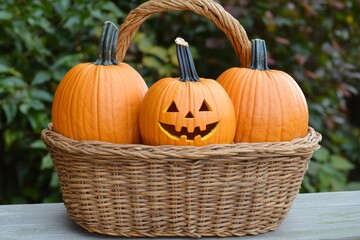 Festive Pumpkins in a Basket - Three pumpkins, one carved, in a wicker basket. Autumn, harvest, Halloween, fall, nature.