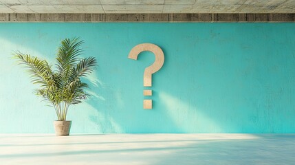 Blue wall backdrop featuring a prominent three-dimensional question mark, ideal for conveying inquiries or prompts, ample space for text or messages.