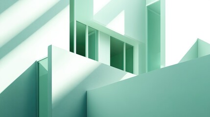 Fototapeta premium Pastel green geometric architecture with strong shadows and dynamic lines creating a contemporary and minimalist aesthetic.