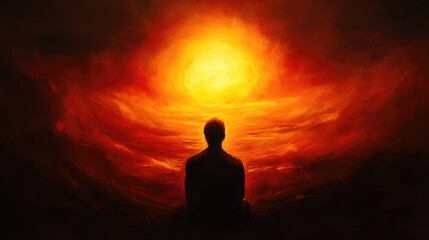 Obraz premium Silhouetted figure gazing with optimism at a vibrant sunset horizon, surrounded by warm orange and red hues reflecting on the water.