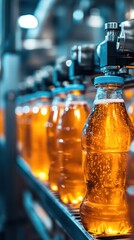 Production Line of Bottled Beverage with Carbonated Liquid in Factory Setting, Showcase of Manufacturing Process and Quality Control for Refreshing Drink