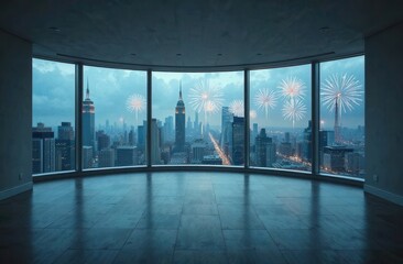 Empty room in appartments with big panoramic windows and fireworks on background. High quality photo