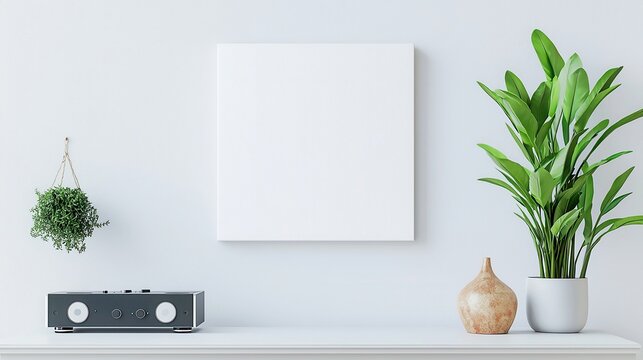 Square white canvas mockup displayed on a wall, modern hi-fi micro system positioned on a stylish bureau, creating a clean and contemporary interior scene.