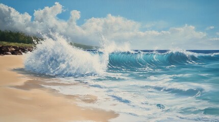 Dynamic ocean waves crashing on a serene sandy beach under a clear blue sky with fluffy clouds in the background, creating a tranquil seaside scene.