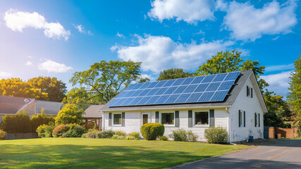 Obraz premium A photo of a suburban house in the USA with shiny solar panels on the roof. 