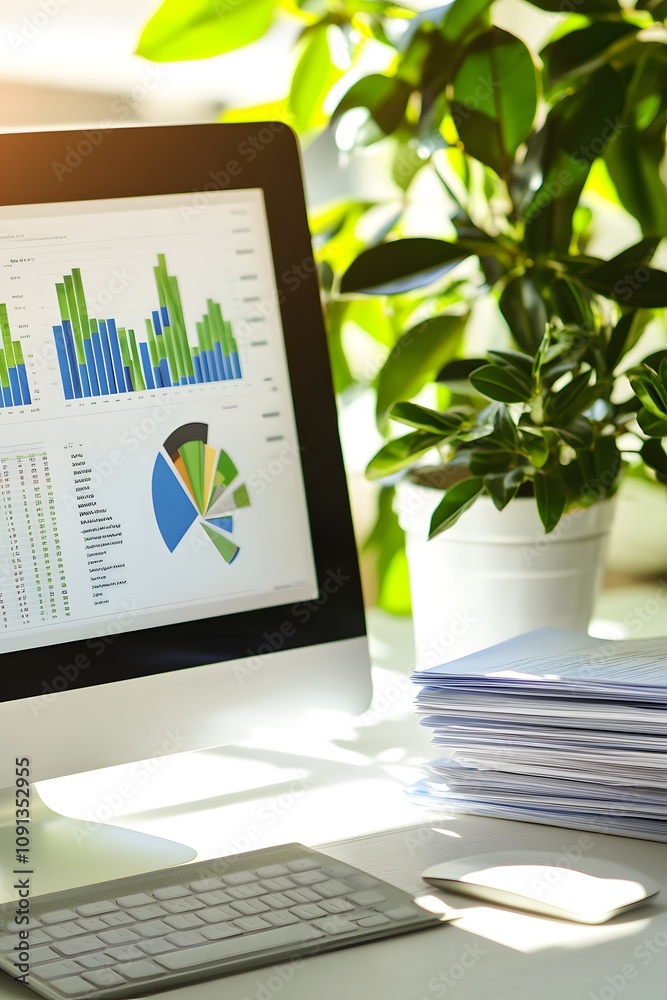 Poster a workspace featuring a computer displaying graphs and a potted plant.