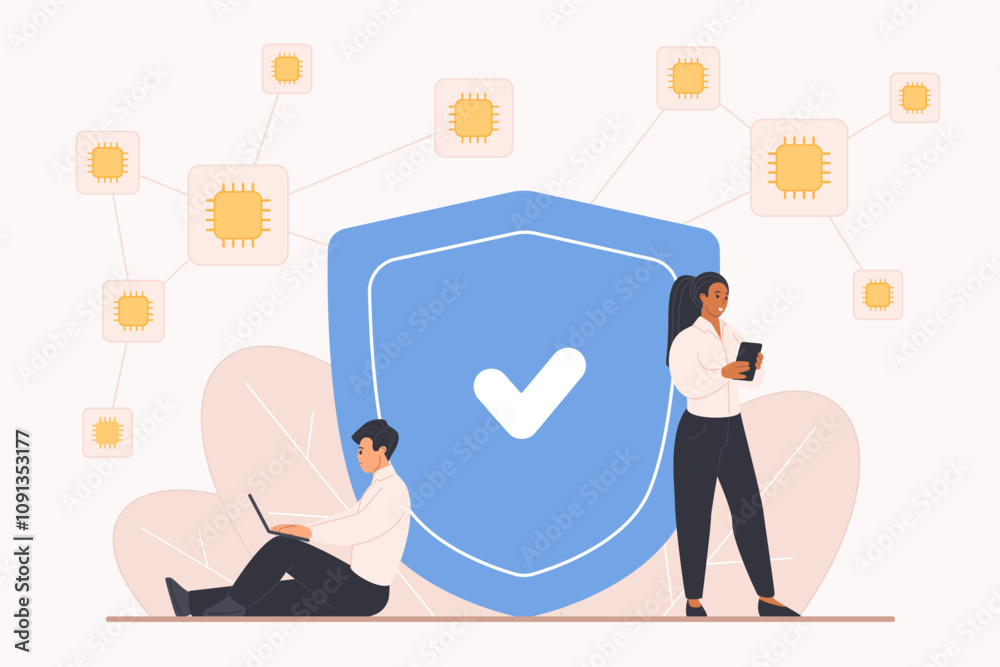Aufkleber Decentralized application development, multiple users, open source network. Tiny people work with phone and computer, security shield with tick on blockchain integration cartoon vector illustration
