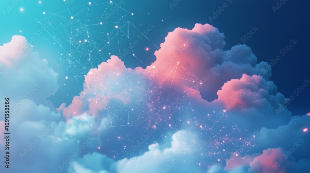 Poster A bright blue sky with fluffy white and pink clouds is adorned with a network of shimmering lines, suggesting connections and communication.
