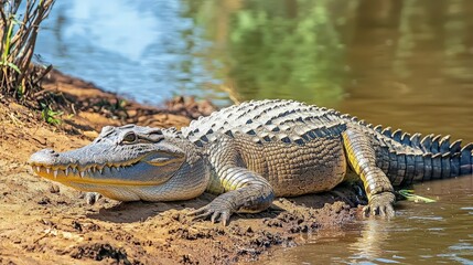 Fototapeta premium Large crocodile basking on riverbank.