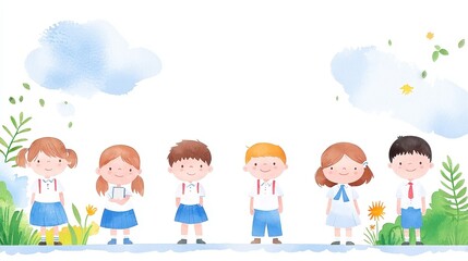Fototapeta premium Watercolor illustration of a vibrant school scene featuring children engaged in learning, emphasizing education and creativity, inviting exploration and imagination.