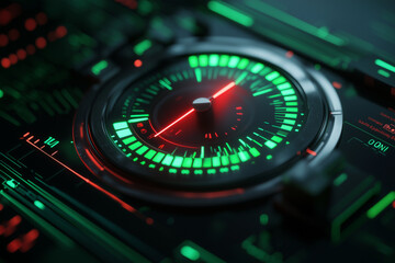 A close up view of futuristic risk meter displaying vibrant green and red needle, set against high tech digital interface. glowing elements create striking visual impact, evoking sense of urgency and