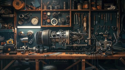 A vintage engine sits on a workbench in a cluttered garage, surrounded by tools and equipment.