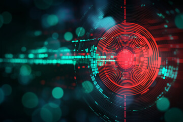 Fototapeta premium Digital abstract design featuring 3D hologram of target with red and green zones, surrounded by glowing circles and lines, creating futuristic atmosphere
