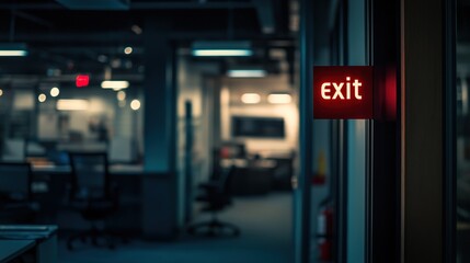 Open door with exit sign, symbolizing the freedom and opportunity to leave behind the past and embrace new beginnings, encouraging a sense of liberation and forward movement.