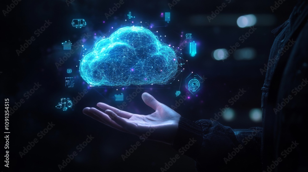 Poster a hand reaches out to a glowing digital cloud, surrounded by glowing icons representing data storage