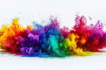 Fototapeta premium A vibrant horizontal burst of rainbow-colored powder spreading across a white background, perfect for festival themes, creative posters, and banners.