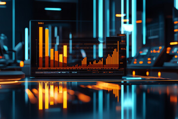 A 3D holographic bar chart displaying risk levels in futuristic setting, showcasing vibrant orange and blue colors. digital interface highlights data trends and analytics