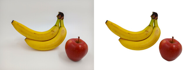 Whole red apples and banana. Close-up. Healthy fruits. Vitamin plants, sweet dessert. Isolated objects. Easy to add logo or text. On the topic of cooking, health, beauty, recipes, supermarket catalog.