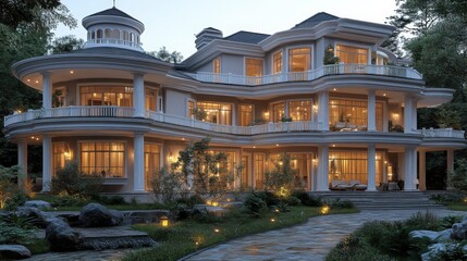 Obraz premium A luxurious multi-story mansion surrounded by a landscaped garden, illuminated warmly at dusk, ideal for real estate, architecture, or lifestyle promotions.