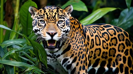 Obraz premium Majestic jaguar in lush green foliage, mouth slightly open.