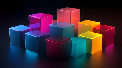 Obraz premium Abstract 3d render of iridescent shining geometric squares, colorful transparent glass cubes with neon reflection, holographic background