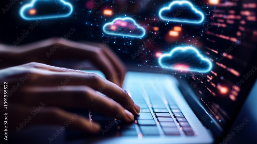 Aufkleber A user engages with cloud computing technology on a laptop keyboard during nighttime. Digital clouds and data streams surround the screen, highlighting a modern tech workspace atmosphere.