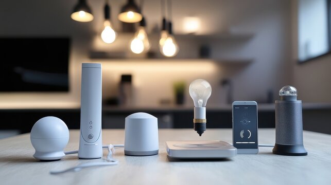 A table with various electronic devices and a light bulb